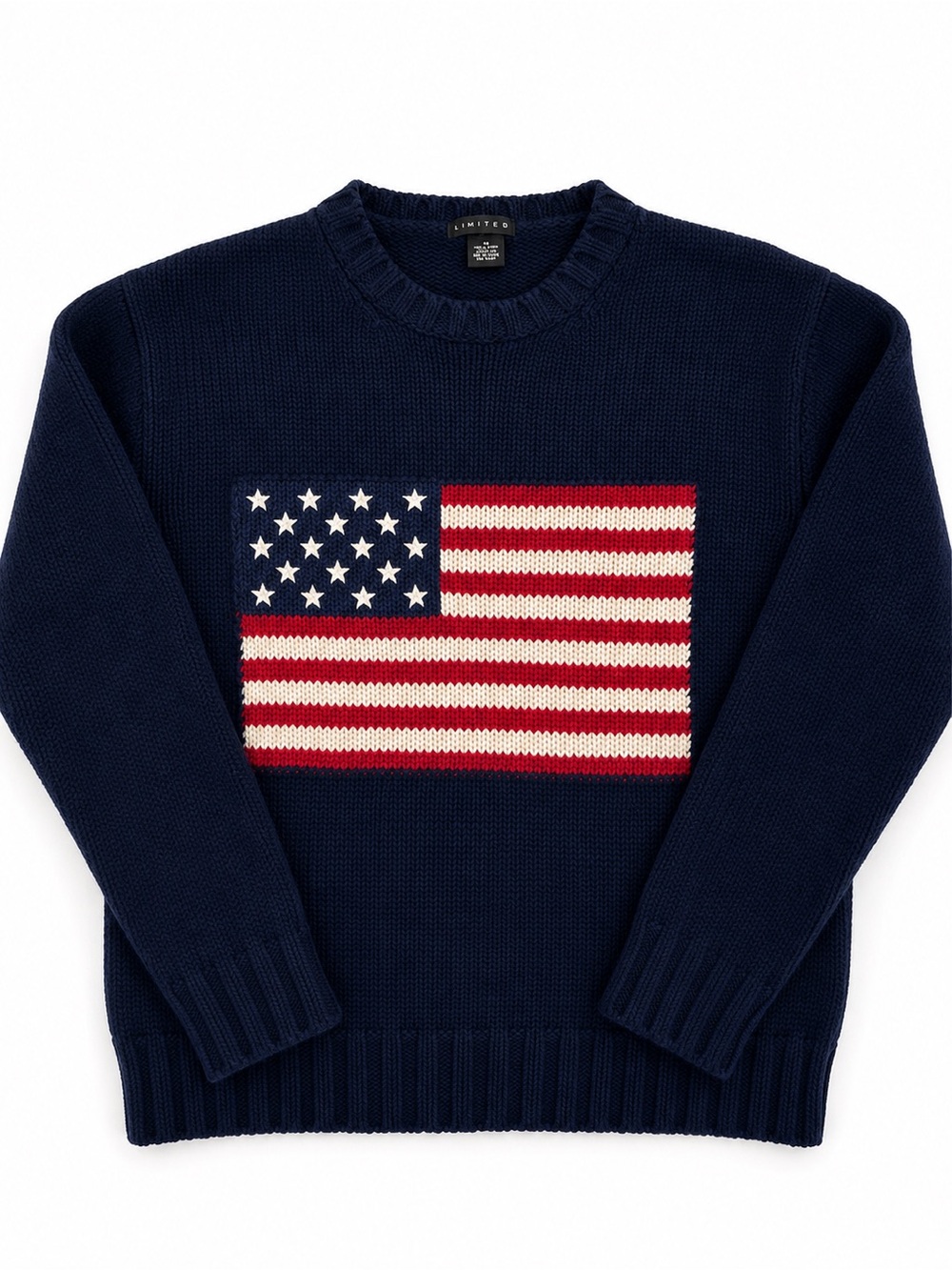 The Limited Navy Crewneck Sweater with Red & White American Flag 100% Warm Wool